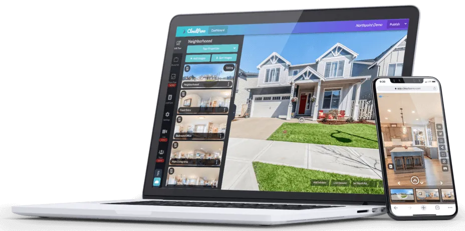 CloudPano virtual tour software interface showing a house tour on laptop and mobile